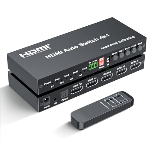 HDMI Switch 4 In 1 Out, 1080P@60Hz 4 Ports HDMI Switch with Seamless Timing Cycle Switching, RS232, IR Remote, Supports Optical + 3.5mm L/R Audio Extractor, Auto Switch for DVD, HD Player, PS4, TV Box