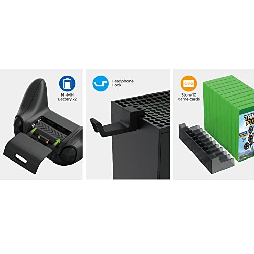Vertical Stand Compatible with Xbox Series X Console, Dual Charging Station with 2 Rechargeable Battery for Xbox Series X Controller, with 10 Game Card Slot and Headphones Holder & 4 Cover…