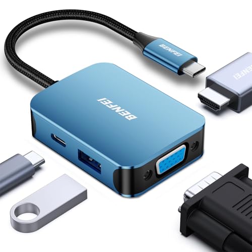 BENFEI USB C HUB 4-in-1, USB Type-C to HDMI VGA Adapter, USB C to USB Adapter, USB Type-C Power Delivery, Compatible with iPhone 15 Pro/Max, MacBook Pro/Air 2023, iPad Pro, iMac, S23, XPS 17 - color: Blue, size: 4-in-1
