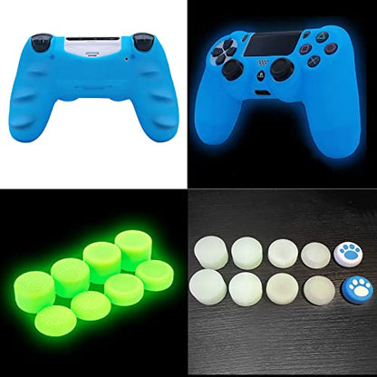Blue Controller Skin Silicone Grip Glow in Dark Protective Case Compatible with PS4/Slim/Pro Controller with 8 Glow in The Dark Thumb Grips Caps + 2 Cute Cat Paw Thumb Grips Caps. - color: Glow Blue