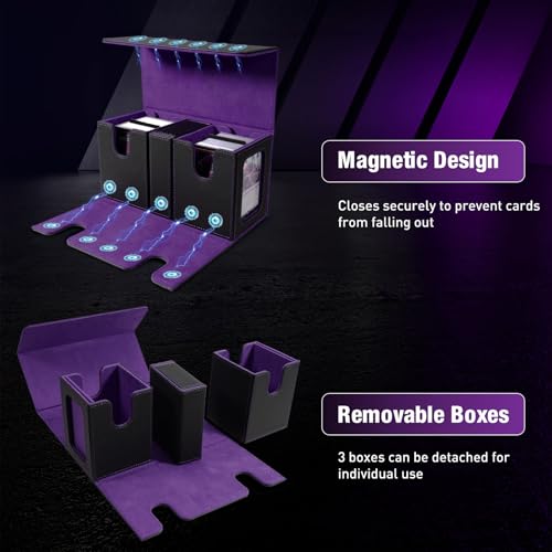 TiMOVO MTG Deck Box, Magnetic Trading Card Storage Case, Black+Purple | Holds 400+ Sleeveless Cards, 4 Dividers & Dice Tray, 2 Detachable Commander Card Deck Boxes, For Magic Game Cards - color: Black & Purple