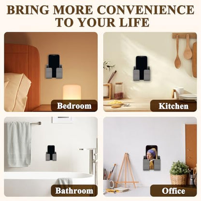 2 Pcs Wall Mount Phone Holder with Adhesive Phone Stand with Data Cable Receiving Hole, Charger Remote Control Storage Box for Bedroom, Kitchen, Bathroom, Office (Gray) - color: Grey