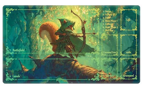 Fantasy Archer Squirrel MTG Playmat, EDGFRTOIO Magical Forest TCG Mat with Game Zones, Tabletop Magic Play Mats 24"x14" Non-Slip Rubber Base for Trading Card Games Battles - color: Fantasy Archer Squirrel, size: 24"X14" With Zones