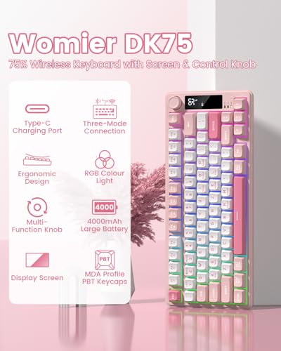 Womier DK75 75% Wireless Gaming Keyboard, RGB Backlit Creamy Keyboard with Media Knob, OLED Screen, Tri-Mode 2.4GHz/USB-C/BT5.0, Anti-Ghosting No-Conflict Silent Membrane Keyboard for MAC Windows - color: Pink