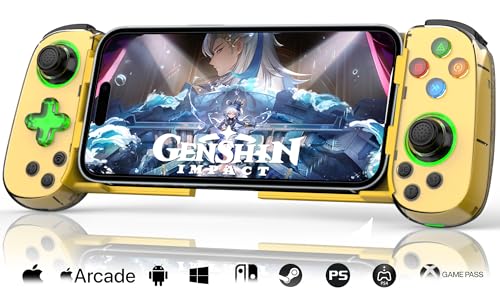 Phone Game Controller for iPhone 17/Android/PC/Switch, Play COD, Genshin,Support Streaming on PS5/Xbox/PC Console, Cloud Gaming Wireless Gamepad Joystick, Turbo/6-Axis Gyro/Dual Motor, Green Light,Yellow - color: Yellow, size: D7-Green Light Version