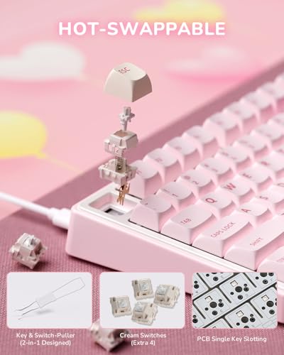 RK ROYAL KLUDGE R75 Mechanical Keyboard Wired with Volume Knob, 75% Keyboard Gasket Mounted, Hot Swappable, Creamy Sound, MDA Profile, PBT Keycaps, Pink - color: pink