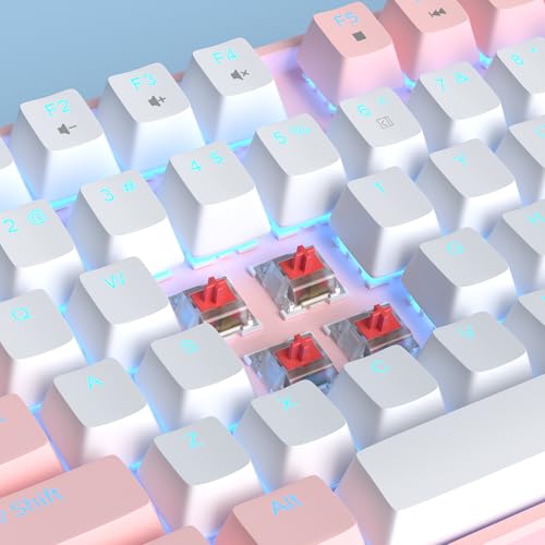 MageGee 75% Mechanical Gaming Keyboard, Red Switch, LED Blue Backlit, 87 Keys Compact TKL Wired Computer Keyboards for Windows Laptop PC Gamer - White/Pink - color: White Pink/Red Switch