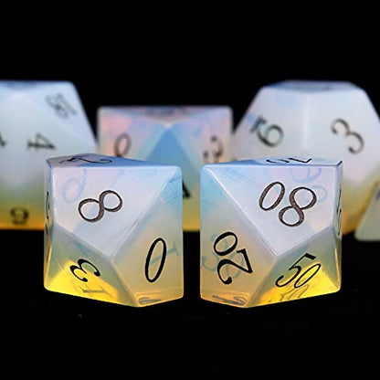 Haxtec Opal Stone Dice Black Numbers Gemstone DND Dice Set Polyhedral Dice with Dice Case D&D Compatible with Dungeons and Dragons TTRPG D&D Master Gift - color: White Black