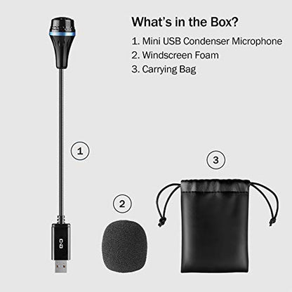 Mini USB Microphone for Laptop and Desktop Computer, with Gooseneck & Universal USB Sound Card, Compatible with PC and Mac, Plug & Play, Ideal Condenser Mic for Remote Work, Online Class | Universal USB Sound Card, Plug & Play, Flexible Gooseneck, Ideal C