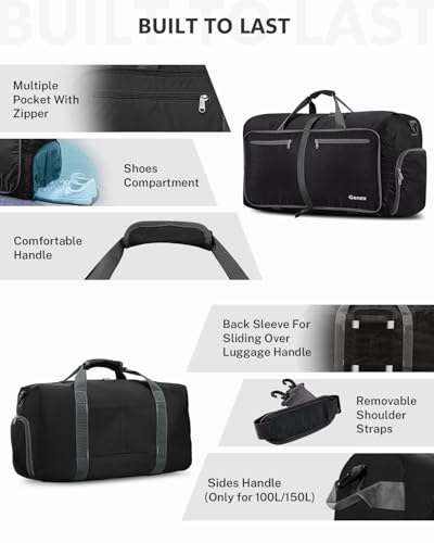 Gonex Large Foldable Travel Duffle Bag with Shoes Compartment, Packable Lightweight Water Repellent Duffel Bag for Camping Gym Weekender Bag - color: Black, size: 100L