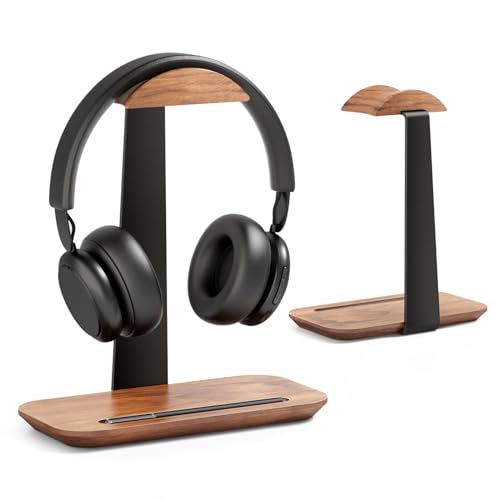 UPERGO Walnut Headphone Stand, Wood Headset Holder with Storage for Desk | Solid Walnut & Aluminum, Anti-Slip Base, Universal for Gaming Headsets & AirPods Max, Extra Storage Tray