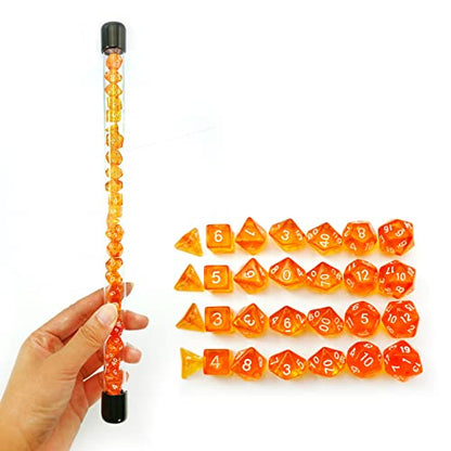 Bescon 28pcs Translucent Orange Mini Polyhedral Dice Set in Tube, Small Role Playing Polyhedral Dice 4X7pcs,Mini Gem Dice Set - color: 4x7 28pcs Gem Orange Tube