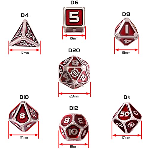 ENHANCE DND Metal Dice Set - 7pc Polyhedral Dice with 2-in-1 Vegan Leather Bag and Tray, Solid Metal Set for Dungeons and Dragons, Pathfinder, More RPGs (Collector's Edition Red) - color: Dragon Red