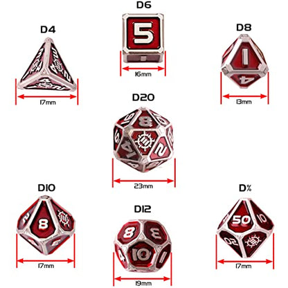 ENHANCE DND Metal Dice Set - 7pc Polyhedral Dice with 2-in-1 Vegan Leather Bag and Tray, Solid Metal Set for Dungeons and Dragons, Pathfinder, More RPGs (Collector's Edition Red) - color: Dragon Red