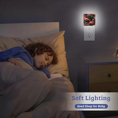 Flamingo Palm Leaf Night Light, Plug-into Wall Nightlight with Dusk to Dawn Sensor, Energy Efficient Lamp for Bedroom/Bathroom/Kitchen/Hallway/Stairs - color: Flamingo Palm Leaf