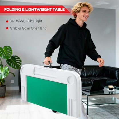 PEXMOR 34" Foldable Mahjong Table Portable, 4 Player Card Game Table w/Cup Holders & Chip Grooves, Tabletop Foldable, Poker Board Game Domino Table for Blackjack, Texas Hold'em (White) - color: White