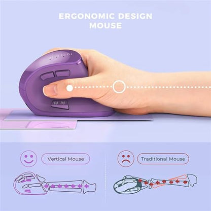 Vertical Mouse, Wireless Ergonomic Optical Mouse (BT 5.0 + Bluetooth 3.0 + USB Connection) with 9 Buttons, Rechargeable Computer Mouse for Wins PC/Laptop, Mac (Purple) - color: Purple