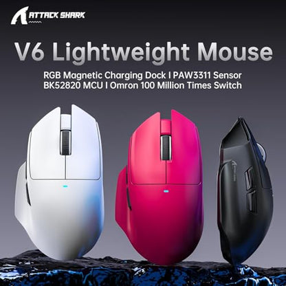 ATTACK SHARK V6 Wireless Gaming Mouse with RGB Charging Dock, 25K DPI PAW3311 Sensor, 1K Polling Tri-Mode PC Mice, 500mAh Battery, Cloud-Based AI Driver for Win/Mac, Red - color: Berry Red
