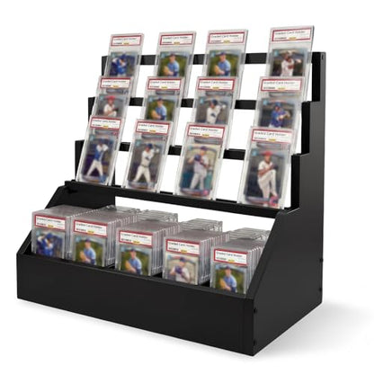 Trading Card Display Stand with 5-Row Storage，3-Tier Large Capacity Graded Card Display，Wooden Cards Display Stand for Soprts Cards Collection & Show