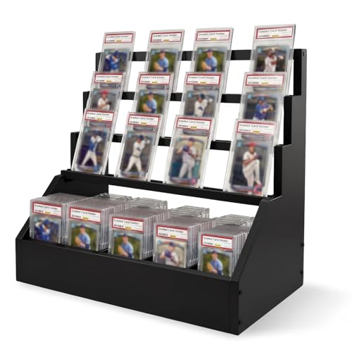 Trading Card Display Stand with 5-Row Storage，3-Tier Large Capacity Graded Card Display，Wooden Cards Display Stand for Soprts Cards Collection & Show