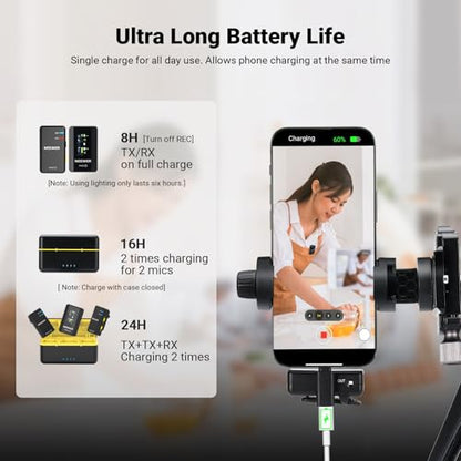 NEEWER CM28 Wireless Lavalier Microphone, Smart Noise Cancelling Lav Mic, 48KHz/16Bit 9hrs Uncompressed Recording, 200m Range, 4GB Storage for iPhone, Android, Camera, 1 RX + 2 TX + Charging Case - style: CM28 Set