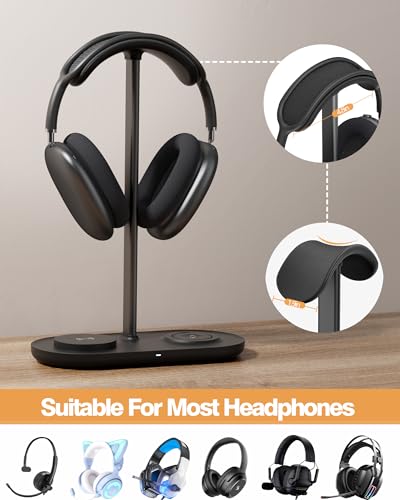 HiWe Headphone Stand, 2-in-1 MagSafe Wireless Charger for iPhone/iWatch | Headset Holder for All Headphones, Aluminum Alloy Bar, ABS Solid Base, PU Headrest, Table Desk Organizer - color: Black