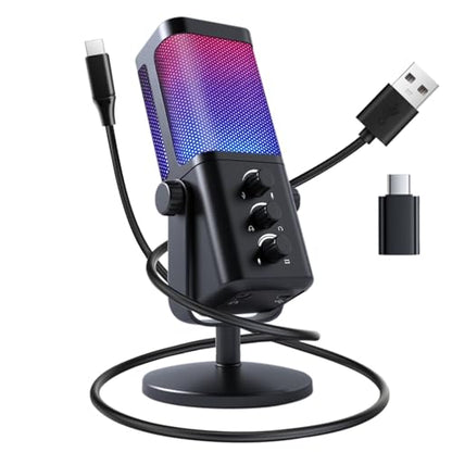 VCOM USB Microphone for PC, RGB Gaming Microphone with Mute Button, Gain Control, Monitoring Headphone 3.5mm Jack, PC Mic for Gaming, Streaming, Podcast, VoiceOver, Recording