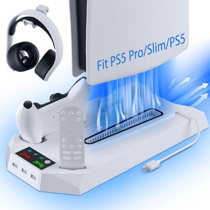 PS5 Cooling Station, LHFDIAN PS 5 Pro Stand Vertical and 3 Levels Turbo Fan with Dual Charging Station for PlayStation5Pro/Slim, PS 5 Accessories Kit, Headset Holder for PS 5 Digital/Disc-White - color: White