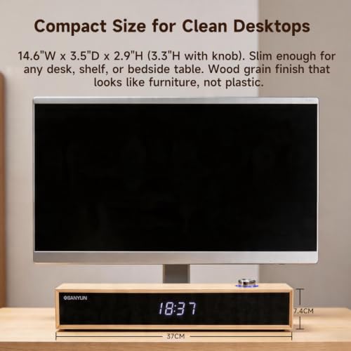 Sanyun SW012 Desktop PC Soundbar, USB-C for Power and Audio & Bluetooth 5.4 | Music & Conference Modes, MDF Wood Cabinet with Clock Display, Built-in 16bit DAC, Clear balanced sound, Plug and Play, White