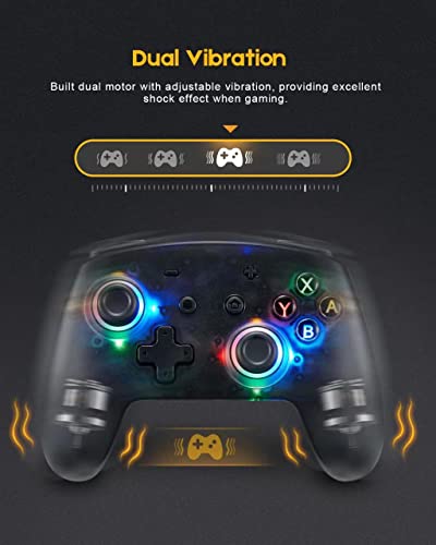 Switch Controller, 9 LED Colors, Pro Controller Compatible with Switch/Switch Lite, Wireless Gamepad with Back Buttons/Programmable/Motion Control/Dual Vibration/Turbo/Transparent