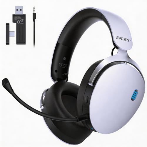 Acer 2.4GHz Wireless Gaming Headsets for PS5, PS4, PC, Switch, Tri-Mode Gaming Headphones with Noise Canceling Mic, Stereo Sound, 40+Hr Battery, 50mm Drivers - White - color: White