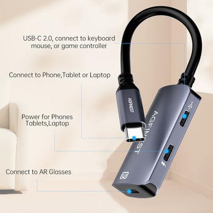 USB C to AR Glasses with Charging Adapter Enables Multi-Screen Enhanced 3D 4K@60Hz PD 100W Compatible for iPhone 15/16 Viture/Rokid/Xreal AR Glasses - color: Grey
