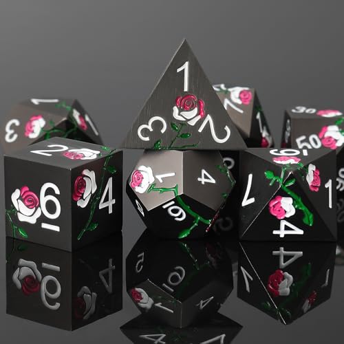 Rose Engraved Metal Dice Set 7PCS for DND RPG Tabletop Gaming | Solid zinc alloy build with 150g weight for balanced rolls(Dark Grey with Iridescent Rose) - color: Dark Grey With Iridescent Rose
