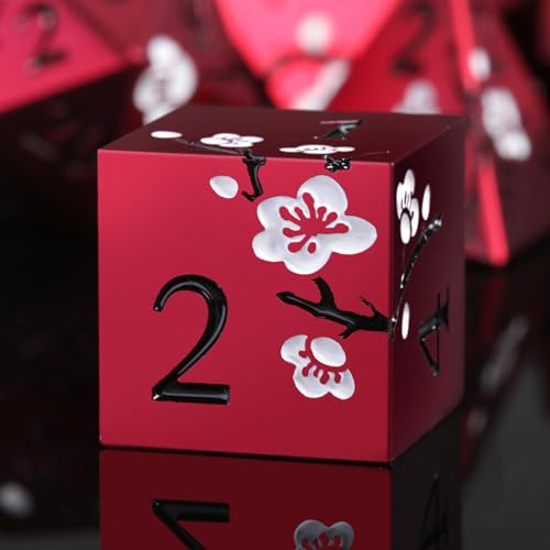Matt Red DND Metal Dice, DNDND 7 PCS Heavy Metallic D&D Dice Set with Gorgeous Gift Case for Dungeons and Dragon Tabletop Game (Matte Red with White Flower) - color: Flower Red