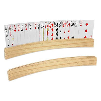 ZUFECY 2-Pack Grooved Wood Card Stands, Arc-Shaped Hands-Free Playing Card Accessories, Ideal for Seniors, Adults and Family Game Nights