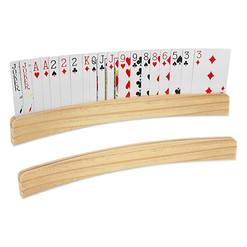 ZUFECY 2-Pack Grooved Wood Card Stands, Arc-Shaped Hands-Free Playing Card Accessories, Ideal for Seniors, Adults and Family Game Nights