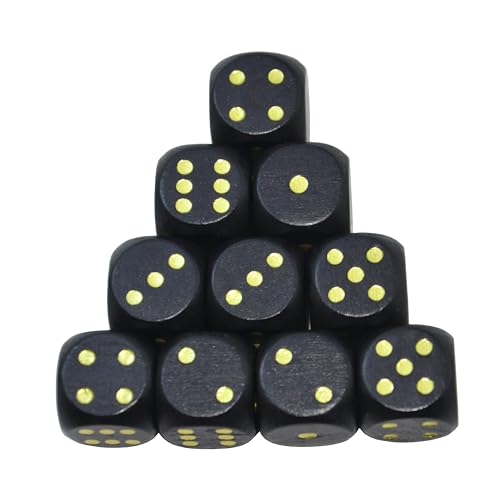 Set of 10 16MM Six Sided D6 Round Wooden Dice Set (Black) - color: Black