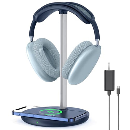 Headphone Stand with Wireless Charger, Gaming Headset Holder Hanger Rack 2 in 1 Wireless Charging Station Dock for iPhone 15/14/13/12/11 Series, Samsung, AirPods Pro/3/2, Aluminum Alloy Rod, Navy Blue - color: Navy Blue