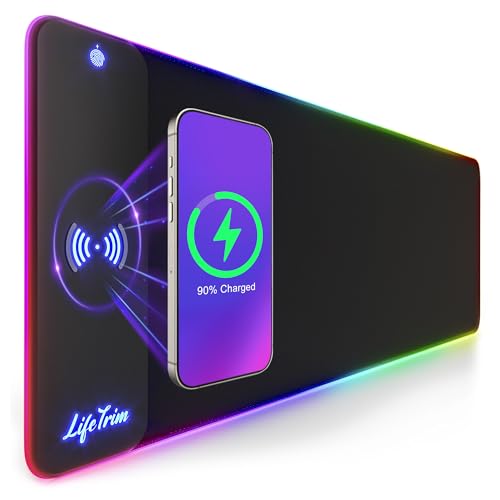 LifeTrim RGB Gaming Mouse Pad with Wireless Charging 15W, LED Mousepad 35.5x12 Inch XXL Large Desk Mat, 10 Light Modes, 4mm Thick Non-Slip Waterproof Keyboard Pad for PC MacBook Laptop, Gamer Gift
