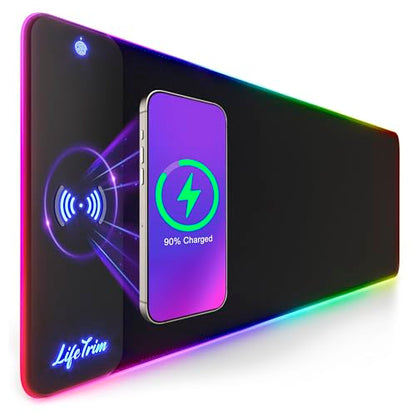 LifeTrim RGB Gaming Mouse Pad with Wireless Charging 15W, LED Mousepad 35.5x12 Inch XXL Large Desk Mat, 10 Light Modes, 4mm Thick Non-Slip Waterproof Keyboard Pad for PC MacBook Laptop, Gamer Gift