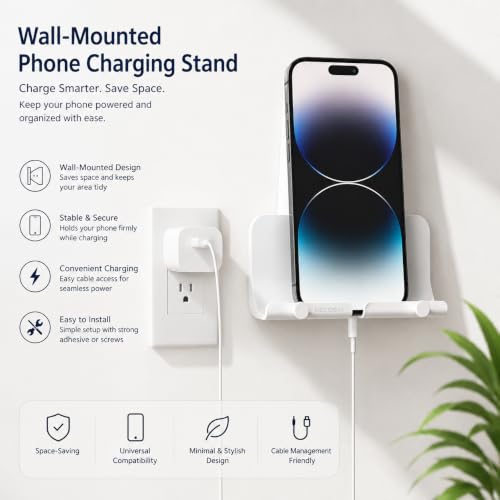 Wall Mount Phone Holder with Cable Hole & Hooks, Adhesive Wall Phone Holder, Phone Charging Dock & Organizer for Bedroom, Bathroom, Kitchen, Office, Dorm & RV (2 Pack-White) - color: 2 Pack-W