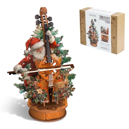3D Wooden Puzzles for Adults, Christmas Cello Music Box, DIY Cello Model Kit with Base, Wooden Jigsaw Puzzle Desk Home Decor Birthday Puzzle Lover Gifts for Women Men - color: Santa Cello