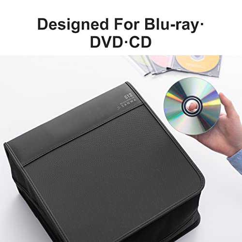 SANWA 512 Capacity CD Case, DVD Blu Ray Case Holder with Handle & Zippers | Hardshell CD Binder Storage Box, Portable, Dust & Scratch-Resistant, Movie Music Media Disc Wallet, for Home, Office, Black - size: 512