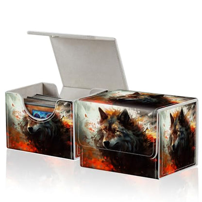 for MTG Commander Deck Box,Card Deck Box for Trading Yugioh MTG,Fits 100 Double Sleeved Cards,PU Leather Strong Magnet Case for Magic Commander TCG CCG,Fire Wolf - color: Fire Wolf