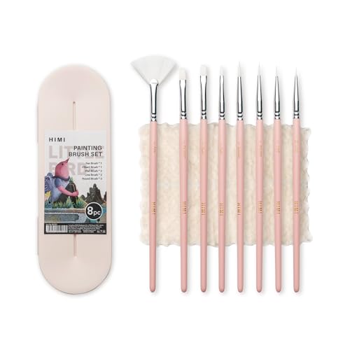 HIMI Paint Brushes Set 8 Pcs for Acrylic Oil Gouache Paint，2 Flat & 2 Round & 2 Liner &1 Filbret &1 Fan, 8pcs Brushs, Interesting Designed Nice Gift for Art hobbyist Beginners Artists (Pink,8Pcs) - color: 8pcs-pink