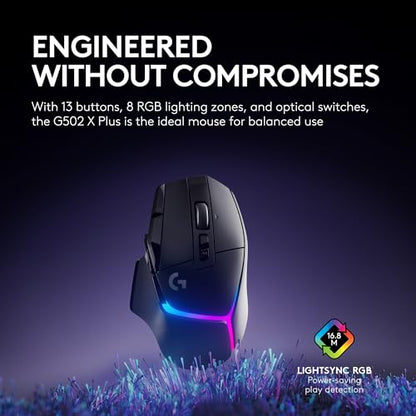 Logitech G502 X Plus Wireless RGB Gaming Mouse - Black | Optical Switches, RGB, 13 Buttons , Infinite Scroll Toggle, <130 hr Battery, USB-C, Wireless Charging Capable, for PC/MacOS - color: Black, style: Wireless