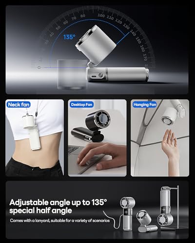 Space Player Portable Handheld Fan Cooling Fan with Turbo Strong Airflow Small Portable Fan 4-in-1 Wearable Neck Fan & Desk Fan 9000mAh USB-C Rechargeable Battery LED Display Travel Fan White - color: White