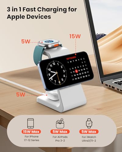 Magsafe Wireless Charging Station for iPhone: Certified 15W Fast Charging Station, 3 in 1 Magnetic Charger Stand for iPhone 17/16/15/14/13/12 Series, Apple Watch, AirPods 4/3/Pro - color: pearl white