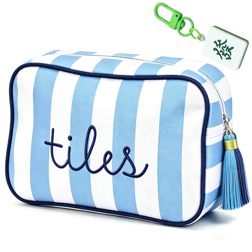 Mahjong Tile Bag, Thickened Canvas Zippered Mahjong Storage Pouch, Embroidered Portable Mahjong Carrying Bag for American Mahjong Tiles, Ideal for Game Night Travel Gatherings Board Game Accessories - color: Blue