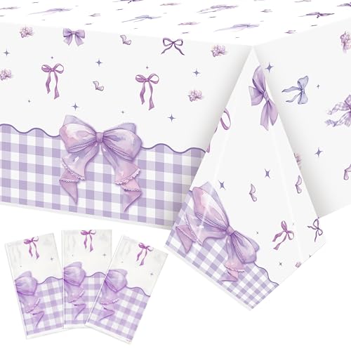 Purple Bow Party Tablecloths, Disposable Party Decorations | Plastic Rectangular Purple Themed Party Table Covers, Ideal for Girls Women Birthday Bridal Shower Wedding - color: Purple Bow